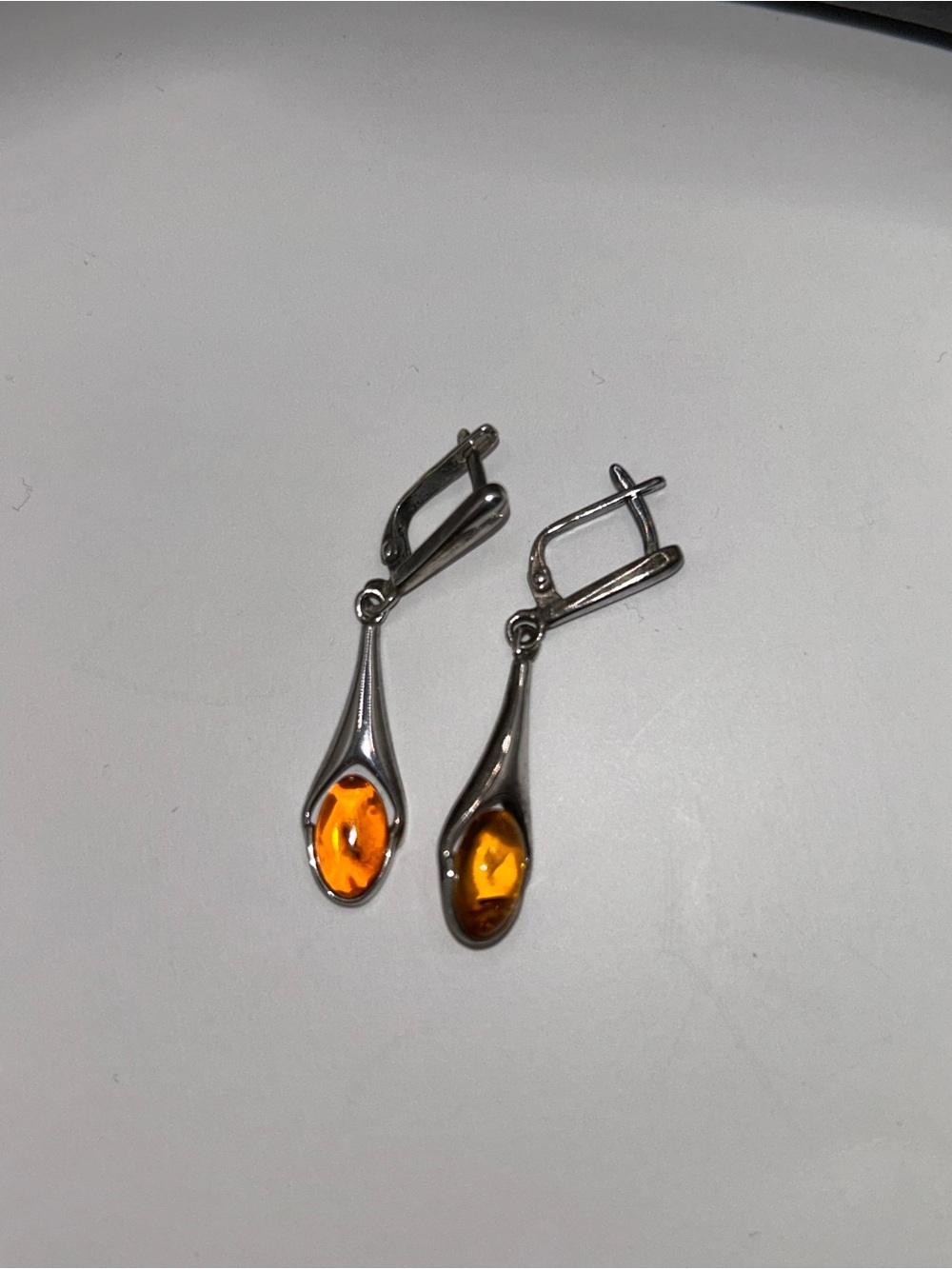 Vintage Sterling Silver Amber Drop Dangle Earrings - Orange